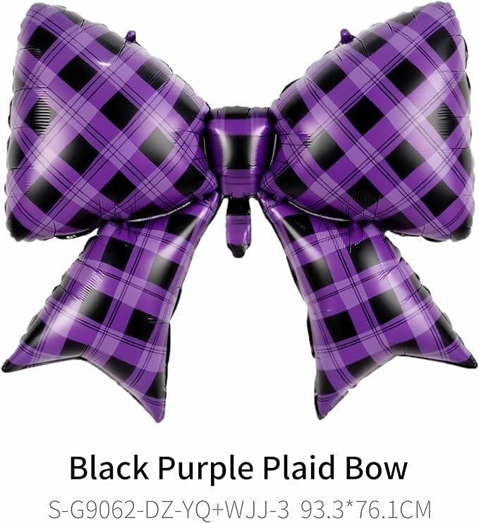 4Pcs Purple Black Gingham Bow Foil Balloons/Purple Plaid Checkered Bow Balloon for Korean Idol Demon Hunters Party, Bad Girl Showgirl Decor, Wednesday Ad*dam*s，Disco Cowgirl, Girls Night Out, Kurumi