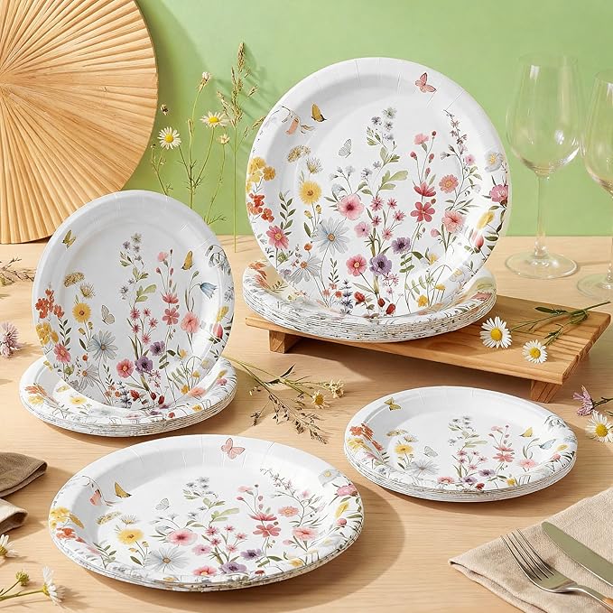 60 Pcs Wildflower Paper Plates 9 in and 7 in Spring Floral Disposable Party Plates Wildflower Butterfly Dessert Tableware for Wedding Baby Shower Birthday Tea Party Table Decor Supplies