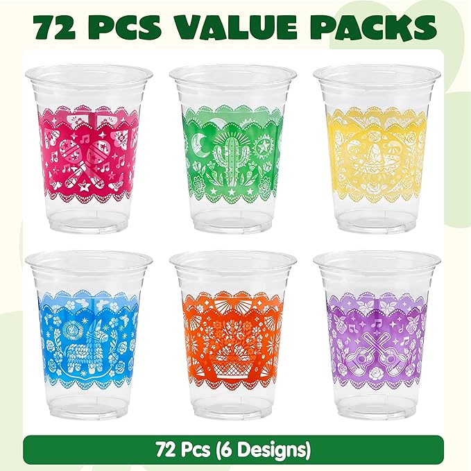 JOYIN 72 pcs Clear Plastic Cups, 16 oz Disposable Plastic Cups, Cinco De Mayo plastic champagne clear cups, cocktail Cup for Fiesta, Taco Night, and Mexican Themed Party Supplies