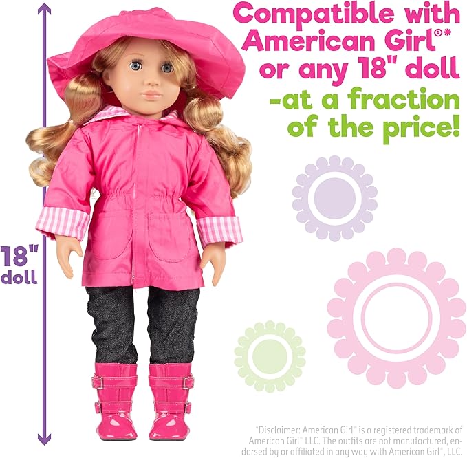 6pc Spring Rainy Day 18" Doll Outfit- Compatible with American Girl- Premium Clothes & Accessories Set Includes Raincoat, Working Umbrella, Rain Boots, Hat, Pants & Shirt- Easter Basket Stuffer