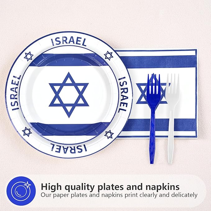 96Pcs Israel Flag Party Supplies Israeli Flag Plates and Napkins Blue and White jewish Flags Tableware Set for Israeli Independence Day Jewish Patriotic Holiday Party Supplies，Serves 24