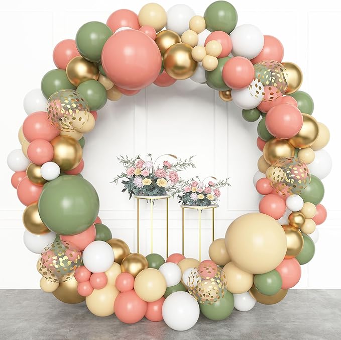 Amandir 153pcs Retro Green Pink Balloon Garland Arch Kit, Different Sizes 18 12 10 5 inch White Dusty Pink Latex Metallic Confetti Balloons for Easter Jungle Safari Woodland Birthday Party Decorations