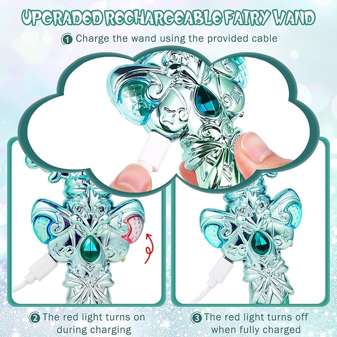 KingGlee Light Up Princess Magic Wand with Music Rechargeable Fairy Toy Butterfly Wands for Kids Girls Party Favors, 2PCS, Green