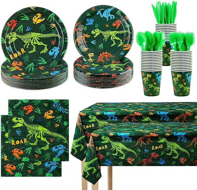 352pcs Dinosaur Birthday Party Decorations For Boys, Dinosaur Themes Birthday Party Supplies Serve 50 with Disposable Plates,Napkins,Cups,Cutlery Set, ,Tablecloth