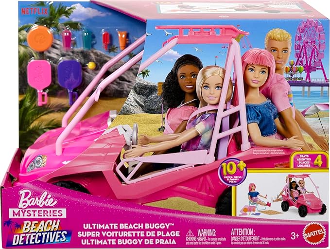 Barbie Mysteries: Beach Detectives Playset with Beach Buggy Toy Car & 10+ Accessories, Including Chair & Towel