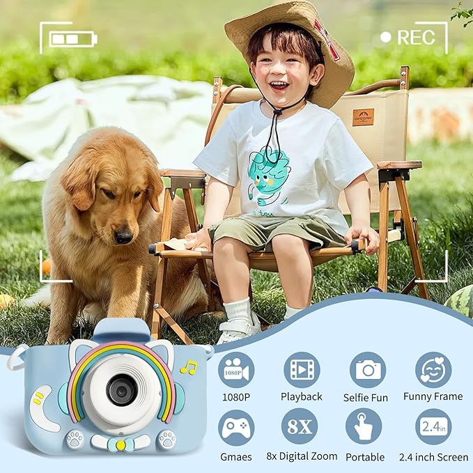 Kids Camera with Dual Lens Selfie, 48MP 1080P HD Digital Camera for 3-12 Year Old Girls Boys, Portable Travel Toy with 32GB Card, Shockproof Design & Cute Animal Patterns Christmas Birthday Gifts
