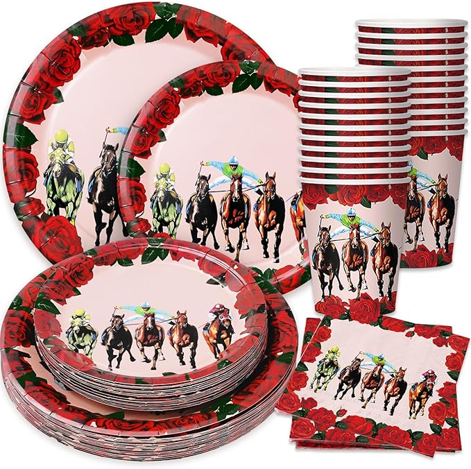 Whaline 96Pcs Derby Day Party Tableware Set with Paper Plates Napkins Cups Horsing Racing Derby Party Disposable Dinnerware Set for Horse Race Party Table Decor