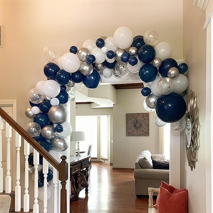 Navy Blue and Silver Balloons, 12 Inch Dark Midnight Blue Metallic Silver Latex Balloons Set for Boys Baby Shower Men Birthday 2026 Graduation Fathers Day Anniversary Denim Party Decorations