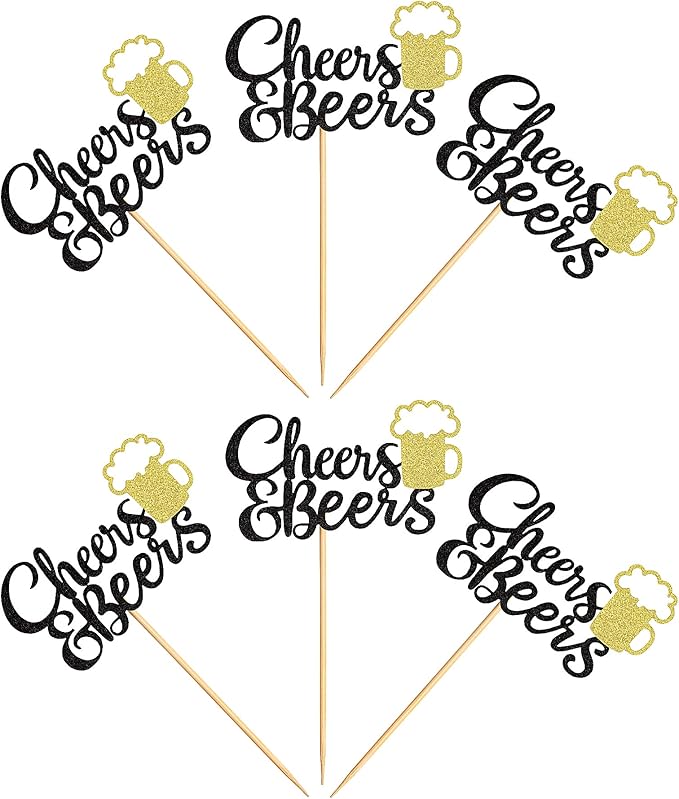 Ercadio 24 Pack Cheers and Beers Cupcake Toppers with Glitter Beer Mug Cupcake Picks Baby Shower Birthday Beers Festival Themed Party Cake Decorations Supplies Black