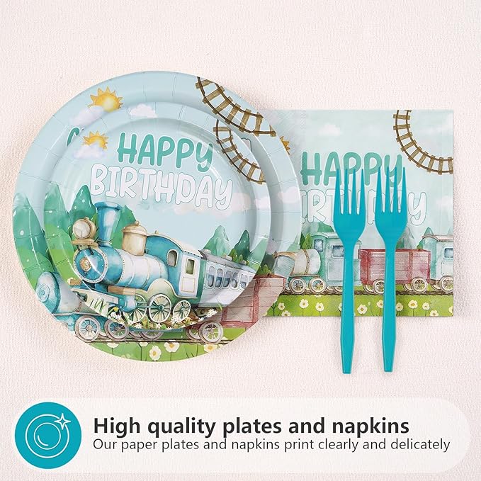 96 Pcs Chugga Chugga Two Two Birthday Decorations Disposable Blue Train 2nd Paper Plates and Napkins Transportation Choo Choo I'm 2 Tableware Set for Boy 2 Year Old Birthday Party Supplies Serves 24