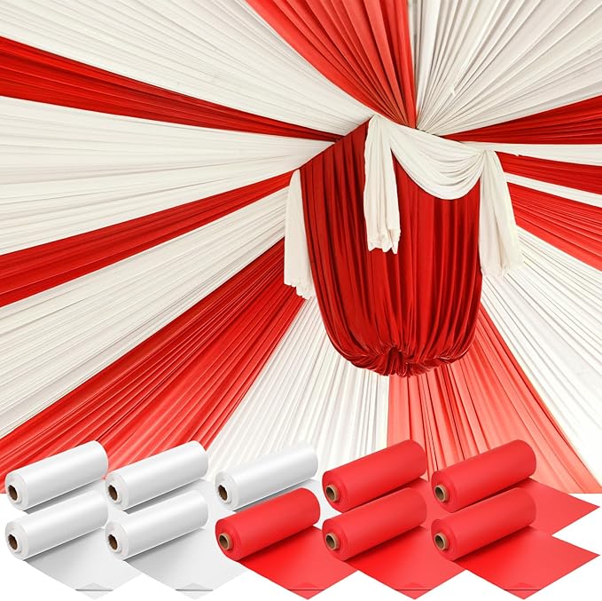 Moukeren 40'' x 100' Circus Tablecloth Roll Plastic Tablecloth Disposable DIY Carnival Tent Party Supplies for Big Top Tent Backdrop Curtains Ceiling Wall Drapes(White, Red,10 Roll)