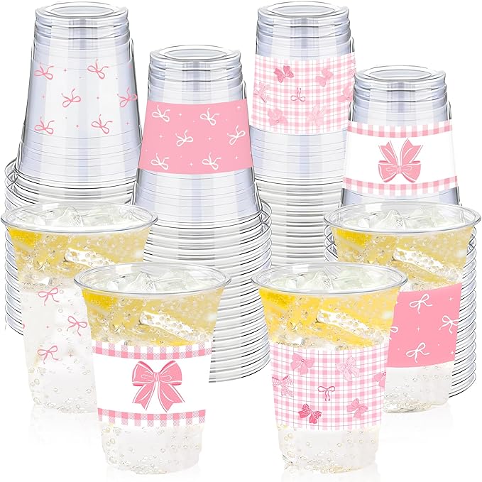 50 Pcs Pink Bow Birthday Decoration Cups,16 oz Coquette Plastic Disposable Drinking Cups for Wedding Birthday Bridal Baby Shower Party Supplies