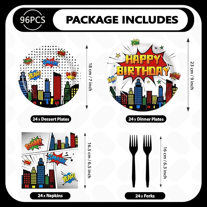Grencian 96Pcs Super Theme Hero Party Supplies White Comic Hero Plates and Napkins Hero's Action Sign Cityscape Tableware Sets for Kids Baby Shower Hero Spider themed Party Decorations Favors Serve 24