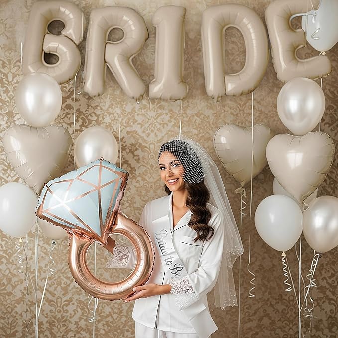 Cream White Bridal Shower party decorations with huge 40 Inch BRIDE letter Pearl Balloons BRIDE to be Sash Bridal Veil and Diamond Ring Heart shape Balloons For Bachelorette party Wedding supplies