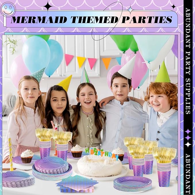 120 Pcs Mermaid Party Supplies Mermaids Themed Decorations Under the Sea Disposable Dinnerware Set Includes Plates Napkins Cups Fork for Birthday Party, Serves 24 Guests