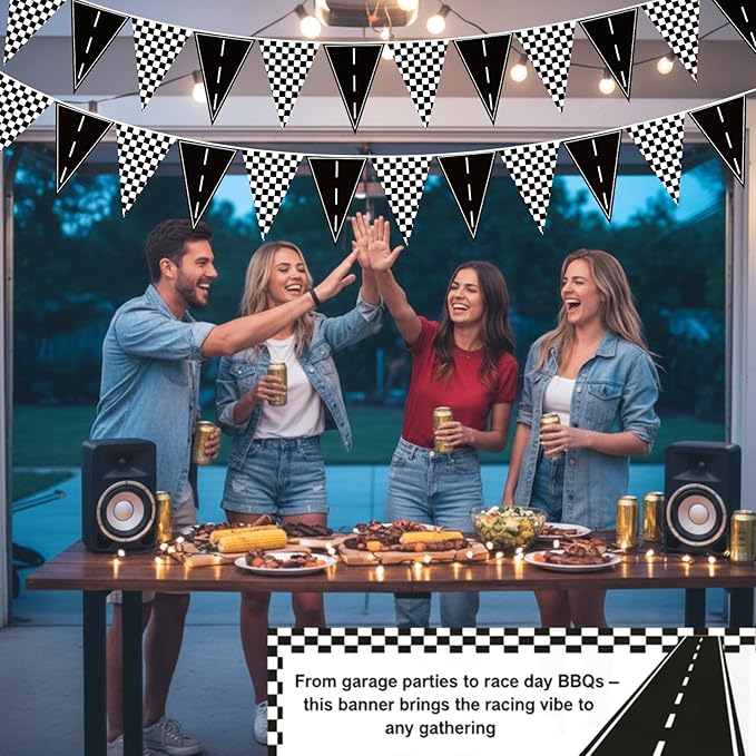 Jetec 5 Pack 49 Ft Checkered Racing Flag Banner for Race Car Party Decorations, Black White Pennant Bunting, Road Track Birthday Supplies for Sports Theme Event Decor, Indoor Outdoor Hanging Flags