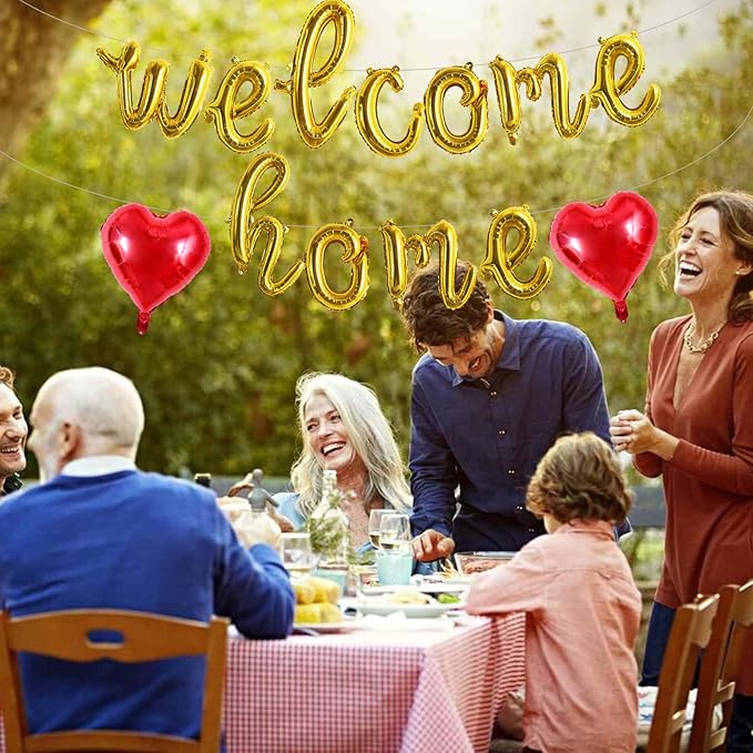 TONIFUL Welcome Home Balloons,Gold Cursive Welcome Home Foil Balloons Banner 16 Inch Welcome Home Party Decorations for Homecoming Party Decorations House Warming Party Family Gathering Supplies