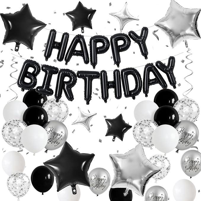 Black and Silver Birthday Decorations for White Black Silver Metallic Print Party Balloons Confetti Balloon Happy Birthday Banner 18/10 Inch Heart Balloons Star Balloon for Men Bday Party Supplies