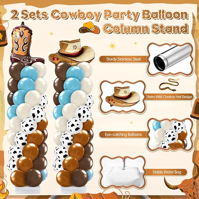 Kasyat 2 Set Western Cowboy Balloon Column Stand Kit, Brown Slate Blue Dusty Blue Sand White Cow Print Balloons Garland Arch Kit for Farm Western Cowboy Baby Shower Birthday Party Decorations
