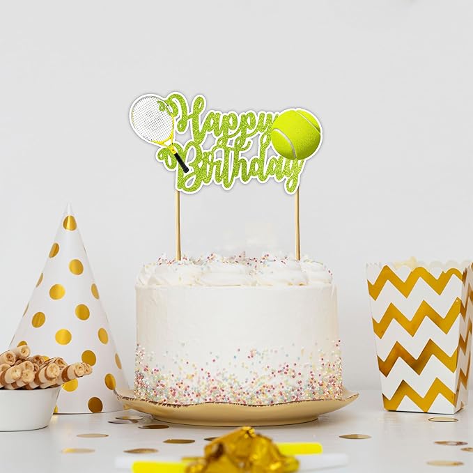 "Tennis Happy Birthday Cake Topper – Sports Theme Party Supplies – Fun and Unique Tennis Racket and Ball Cake Decoration for Teens, and Adults – Perfect for Sports Lovers and Birthday Celebrations"