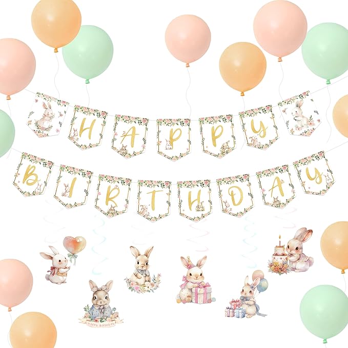 Bunny Birthday Decorations Kit, 36PCS Easter Bunny Party Supplies with Happy Birthday Banner, Hanging Swirls Ceiling Decoration and Balloons for Girls Baby Shower Rabbit Themed Party