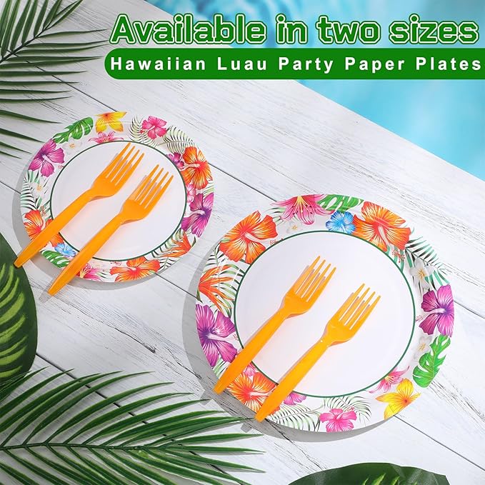 180 Pcs Summer Hawaii Paper Plates and Forks Beach Party Supplies 9'' Disposable Plates 7'' Paper Snack Plates Plastic Forks for Kids Birthday Hawaiian Beach Party Decorations, Serves 60