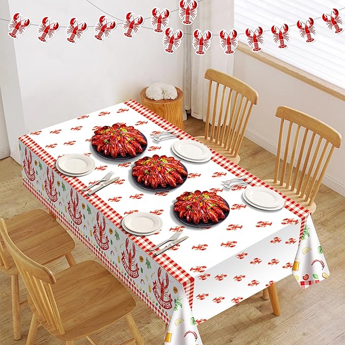 Iceyyyy 4 Pcs Crawfish Party Decorations Set-108"x54" White and Red Tablecloth & 32.8Ft Lobster Banner-Crawfish Boil Party Supplies for Birthday Party Lobster Festival Summer Barbecue Decor Supplies