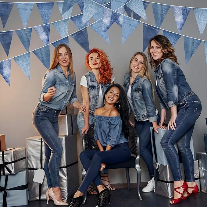 HESTYA 5 Pack 49 Ft Denim Pennant Banner, Blue Jean Theme Triangle Garland, Cowboy Western Party Decorations, Rustic Farmhouse Bunting for Baby Shower, Birthday, Graduation, Country Festival Supplies