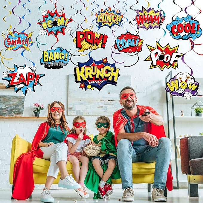 Sumind 54 Pcs Hero Themed Hanging Swirls Hero Action Sign Foil Ceiling Streams Party Banner Decoration for Kids Baby Shower Celebrating Events Birthday Party Supplies Room Wall Decor(Vintage)