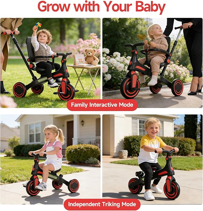 Winhope Kids Tricycle, 6 in 1 Baby's Tricycle Toddler Trike with Adjustable Push Handle, Reversible Seat and Canopy, Baby Stroller for 1-6 Year Olds, Suitable for Outdoor Activities(Red)