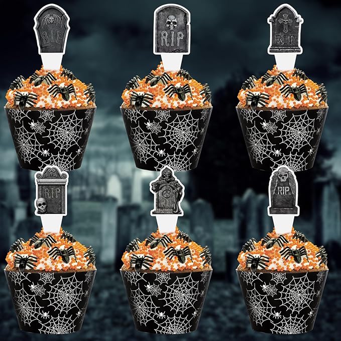 48 Pack Halloween Cupcake Toppers and Black Spider Web Wrappers, Tombstones Skeleton Cupcake Picks Decoration for Halloween Party Birthday Party Supplies