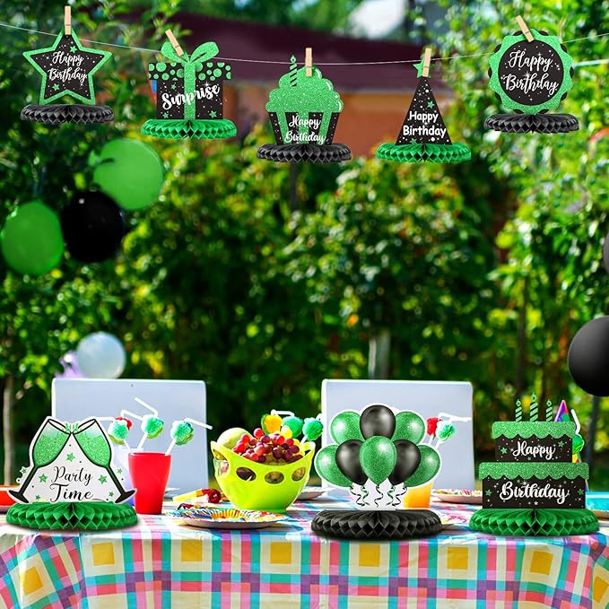 Yexiya 8 Pcs Black and Green Birthday Centerpiece Table Decoration, Happy Birthday Honeycomb Centerpieces Honeycomb Table Toppers for Men Women Party Supplies