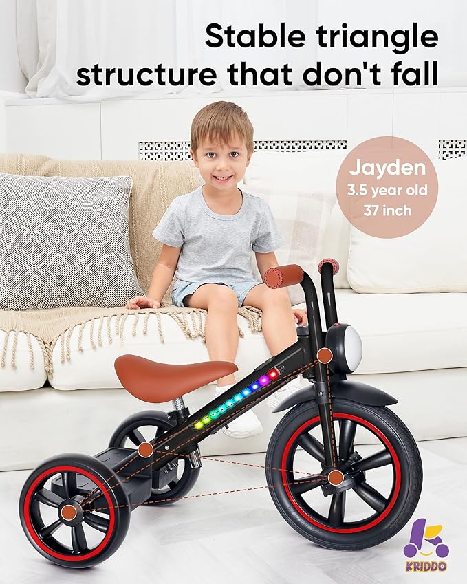 KRIDDO Kids Tricycle, 12 Inch Puncture Free Wheel w Front Light, Adjustable Seat Height, Gift for 2-5 Year Olds, BlackLED
