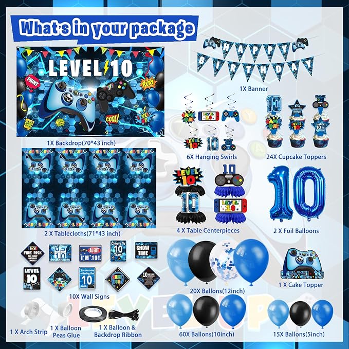 10th Birthday Decorations for Boys, 149Pcs Blue Video Game level 10 Party Supplies for Boy 10th Birthday - Backdrop, Banner, Balloons, Tablecloth, Centerpieces, Hanging Swirls, Wall Signs
