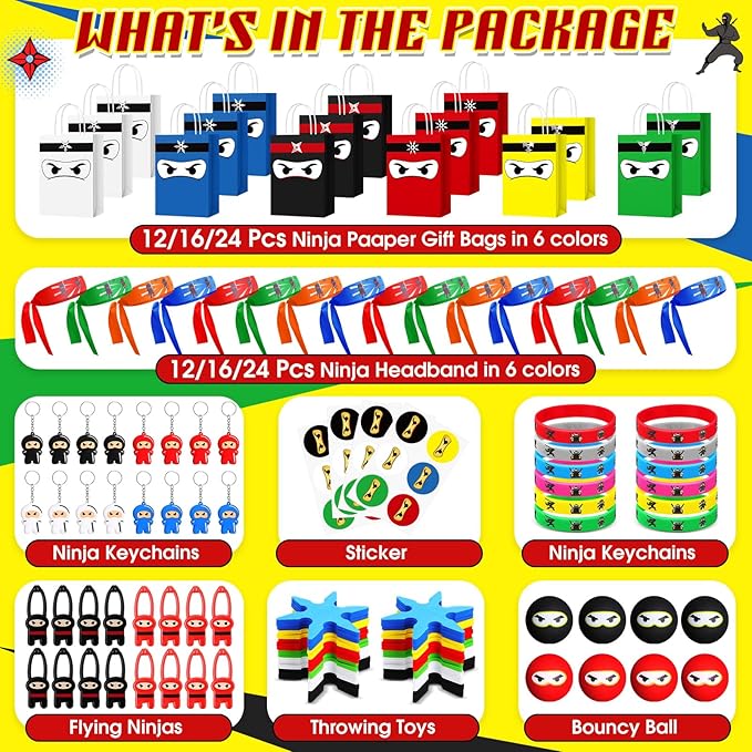 24 Guests 192 Pcs Ninja Party Favors Include Ninja Paper Bags Bouncy Balls Throwing Favors Flying Slingshot Headbands Silicone Bracelets Keychains Stickers for Birthday Party Supplies