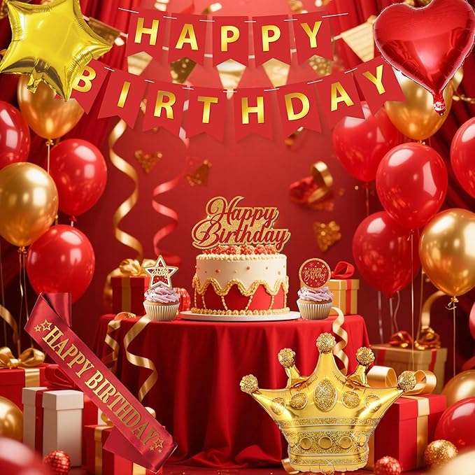 Red And Gold Birthday Decorations for Women,Fringe Curtains Happy Birthday Banner,Red balloons,Cake Toppers for girls