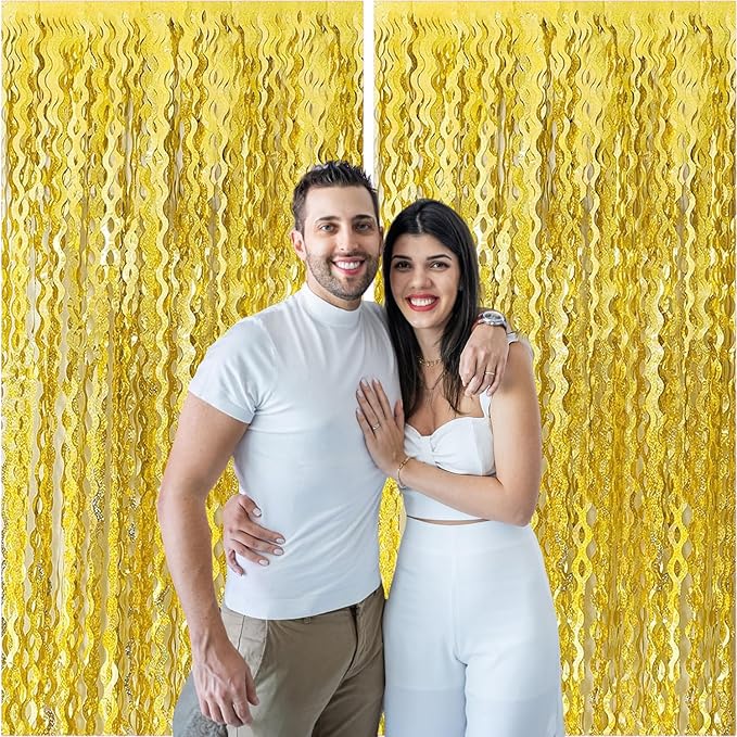 2 Pack Gold Wavy Foil Fringe Curtains, 3.3x6.6 Ft Metallic Tinsel Wavy Backdrop Party Decorations Door Gold Streamers for Birthday Wedding Engagement Decor,Party Supplies