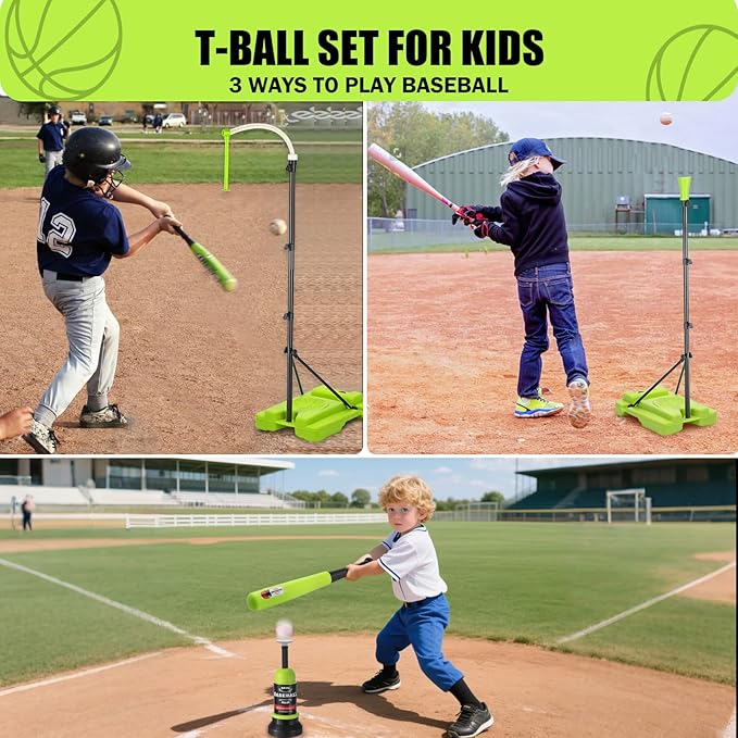 4 in 1 Kids Basketball Hoop and Tball Set for kids 3-5, Adjustable Height Toddler Basketball Hoop, Hanging Tee Baseball with Automatic Pitching Toddler Birthday Gift Outdoor Toys for 3-12 Years Old