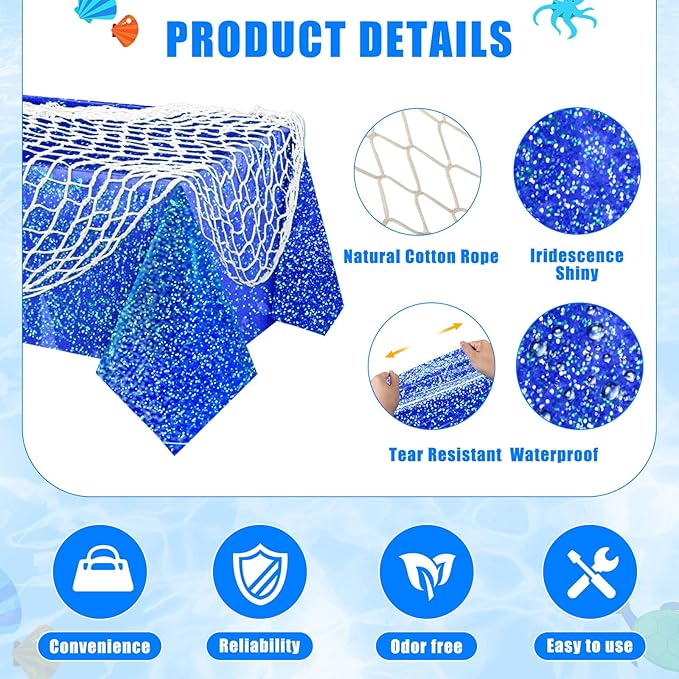 Unittype 6 Pcs Fish Net Decorative and Tablecloth Set, Cotton Fishnet and Plastic Table Cover Decorations Set for Nautical Themed Party Baby Shower Pirate Decorations Mermaid Party (Laser Ocean)