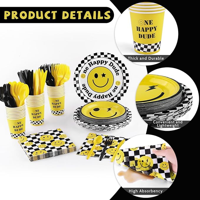 durony 196 Pieces One Happy Dude Birthday Party Decorations First Birthday Smile Face Party Tableware Set Smiley Plates Cups Napkins Forks for One Happy Dude Party, 1st Party, Serve 28 Guest