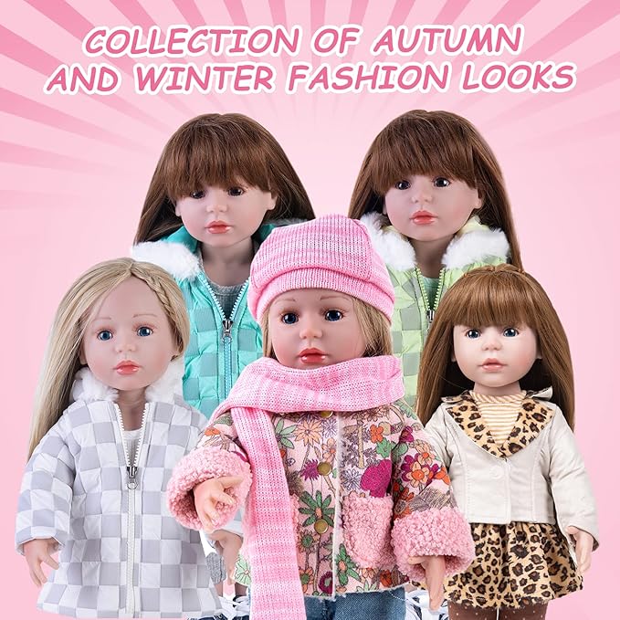 Doll Clothes 4 Piece Set Includes Pink Flower Snow Jacket, Knitted Wool Hat, Scarf and Hipster Jeans Fits for 18" American Girl Dolls (Doll and Shoes Not Included)
