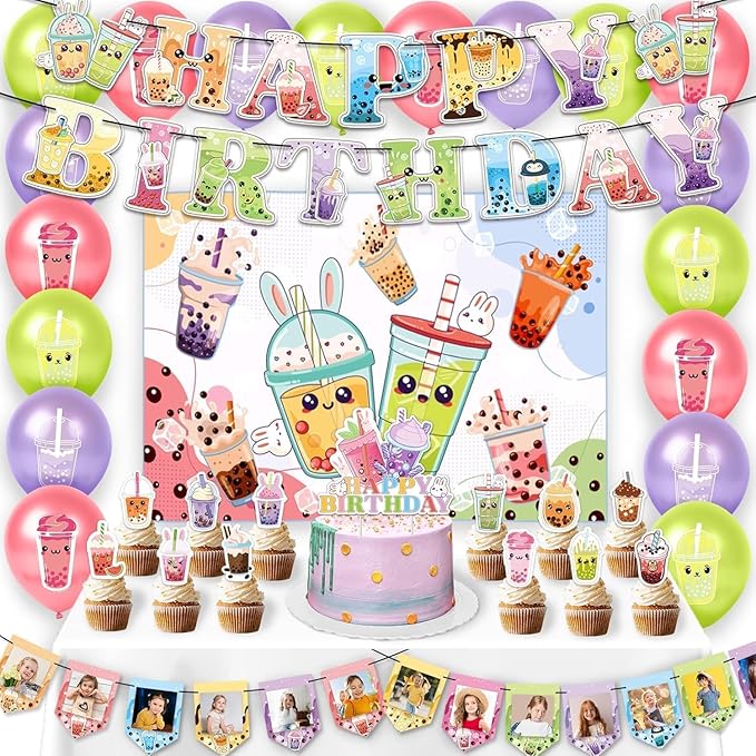 Boba Tea Party Supplies Complete Set, Bubble Tea Birthday Decorations Kit with Cartoon Banner Backdrop, Adorable Cake Toppers, Colorful Balloons, Invitation Cards for Girls Themed Party Decor