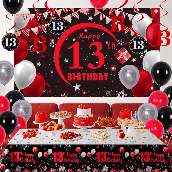13th Birthday Decorations for Boys Girls Red and Black, Happy 13th Birthday Backdrop Banner, 13th Teenager Birthday Balloons Triangle Flag Tablecloth, 13 Year Old Boy Girl Bday Party Supplies