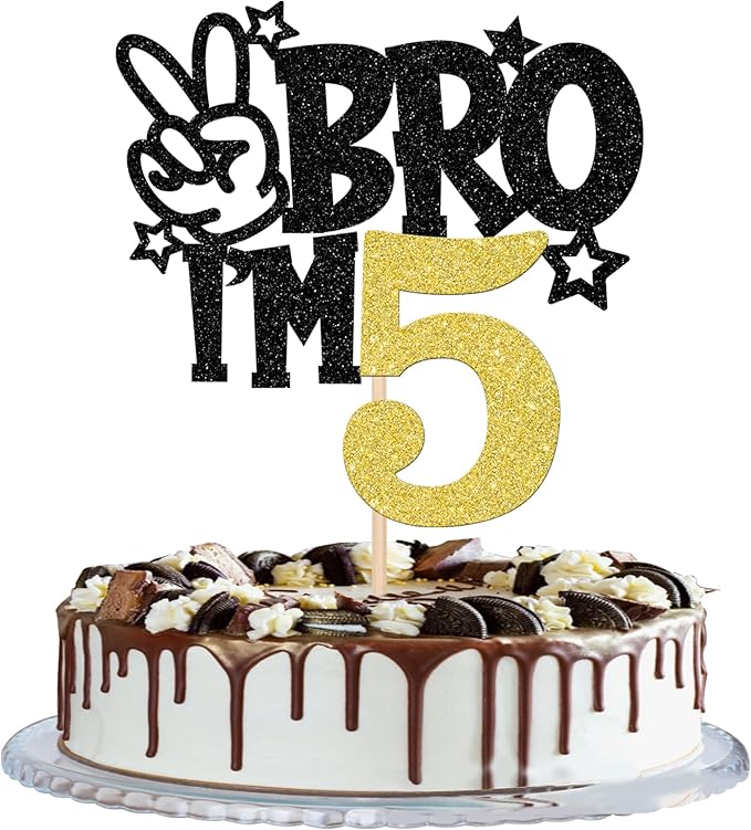 1 PCS Brother I'm 5 Cake Topper Glitter Star Happy 5th Birthday Cake Pick Bro I'm 5 Cake Decoration It's My 5th Birthday Decorations for Boys Cheers to 5 Years Old Birthday Party Supplies Gold