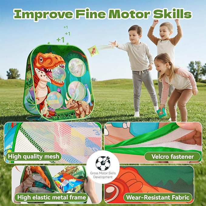 4-in-1 Dinosaur Bean Bag Toss Game for Kids, Cornhole Board Set with Dart Board for Toddler Outdoor Toys, Family Party Game Backyard Beach Lawn Activities Gift for Boys & Girls Ages 3 4 5 6 7 8