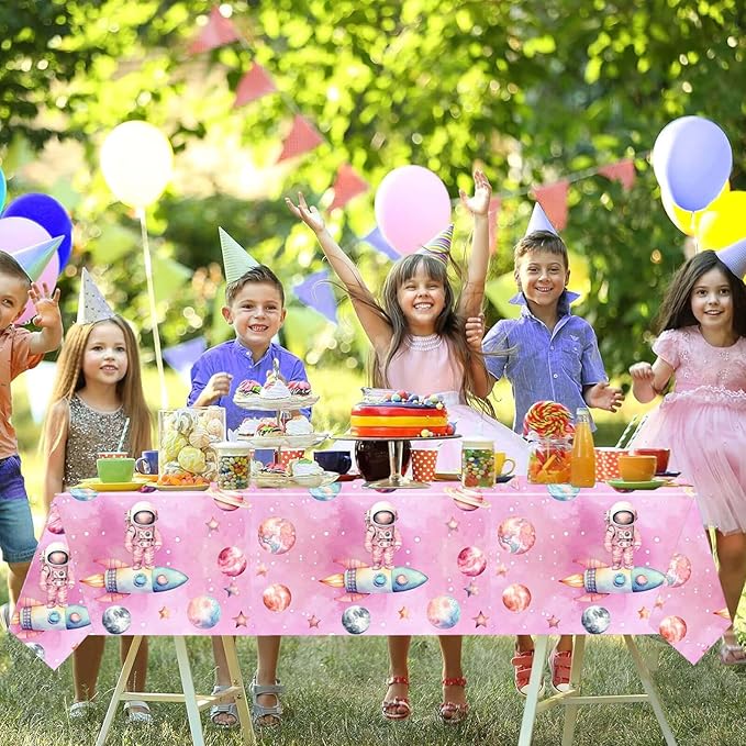 51 Pcs Outer Space Girls 2nd Birthday Party Supplies - Two The Moon Decorations & Tableware Includes Table Cloth, Plates, Napkins, Forks for Pink Space Two Years Old Party