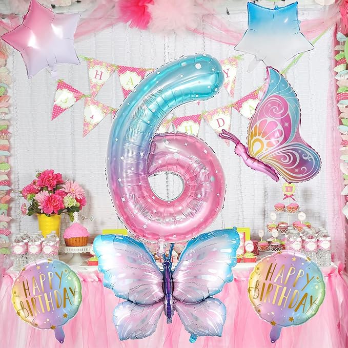 Butterfly Balloons - 6th Birthday Decorations for Girls, Gradient Pink Colorful Foil Balloons, Giant Number 6 Mylar Balloon, Butterfly Theme Party Supplies