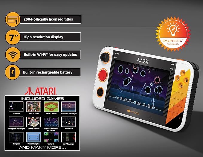 My Arcade Atari Gamestation Go: Rechargeable Battery, Over 200+ Preloaded Retro Video Games Including Pac-Man, Atari: Recharged, & Balls of Steel, Wifi,Smartglow, 7 inch Display,