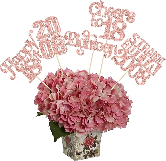 Gyufise 15Pcs Happy 18th Birthday Centerpiece Sticks Eighteen Straight Outta 2008 Table Flower Centerpieces Sticks for Cheers to 18th Birthday Party Supplies Rose Gold