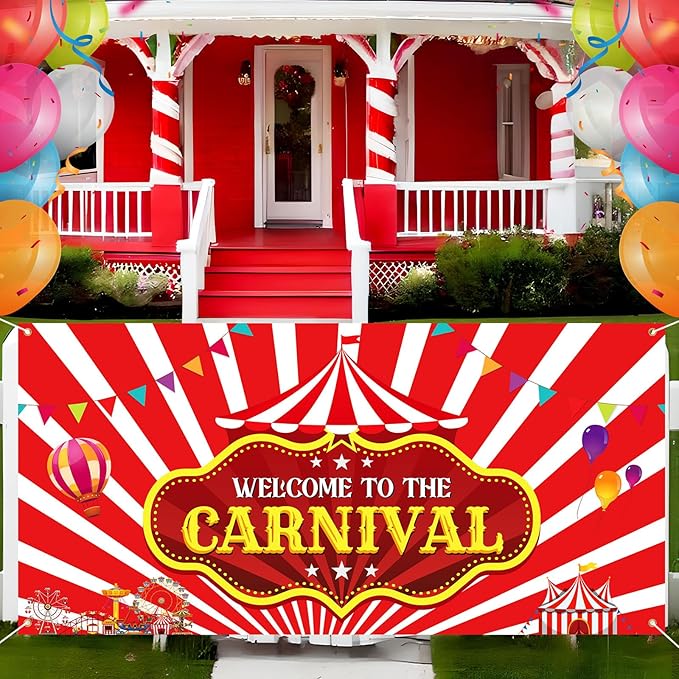 Welcome to the Carnival Banner Carnival Decorations Circus Party Supplies Background for Circus Theme Party Decorations Birthday, 71 x 35 Inch (Tent Striped)